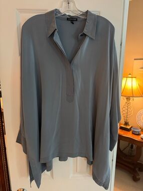Eileen Fisher Soft Slate Gray Collared Silk-Like Tunic